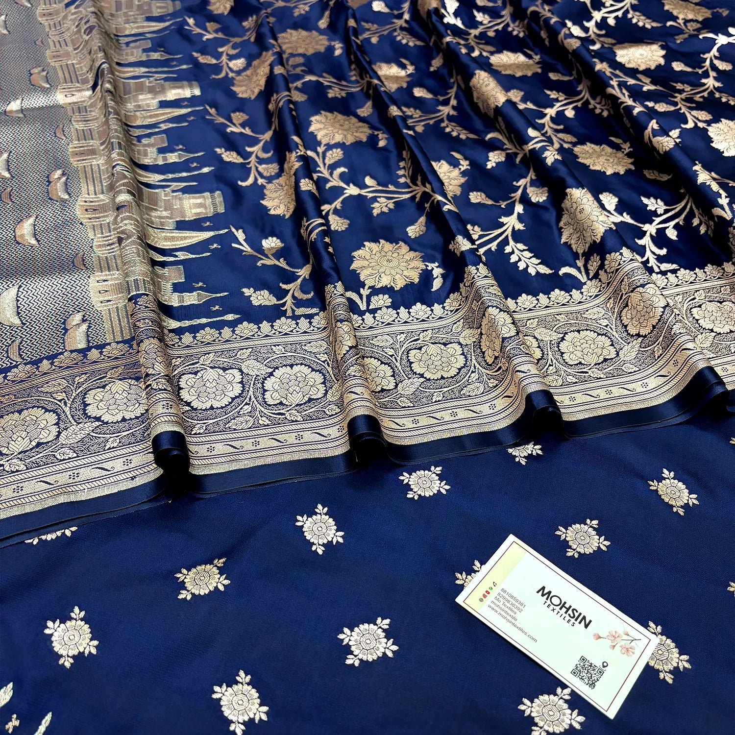 Navy Blue Ganga Ghat Katan Silk Banarasi Suit