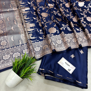 Navy Blue Ganga Ghat Katan Silk Banarasi Suit