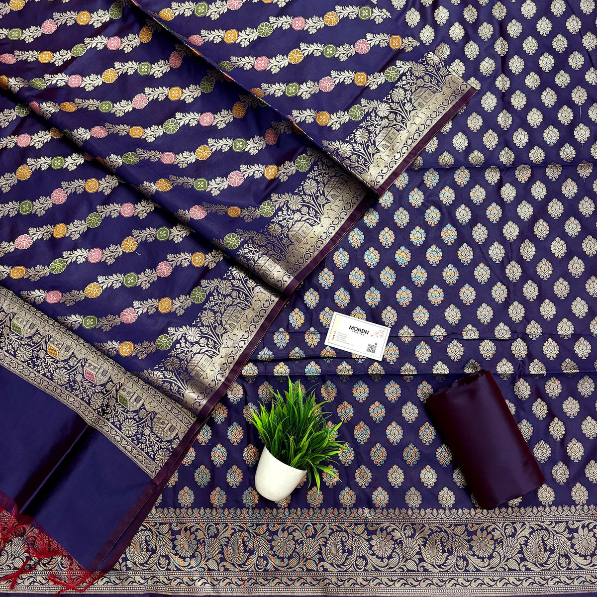 Navy Blue Golden Zari Banarasi Silk Suit