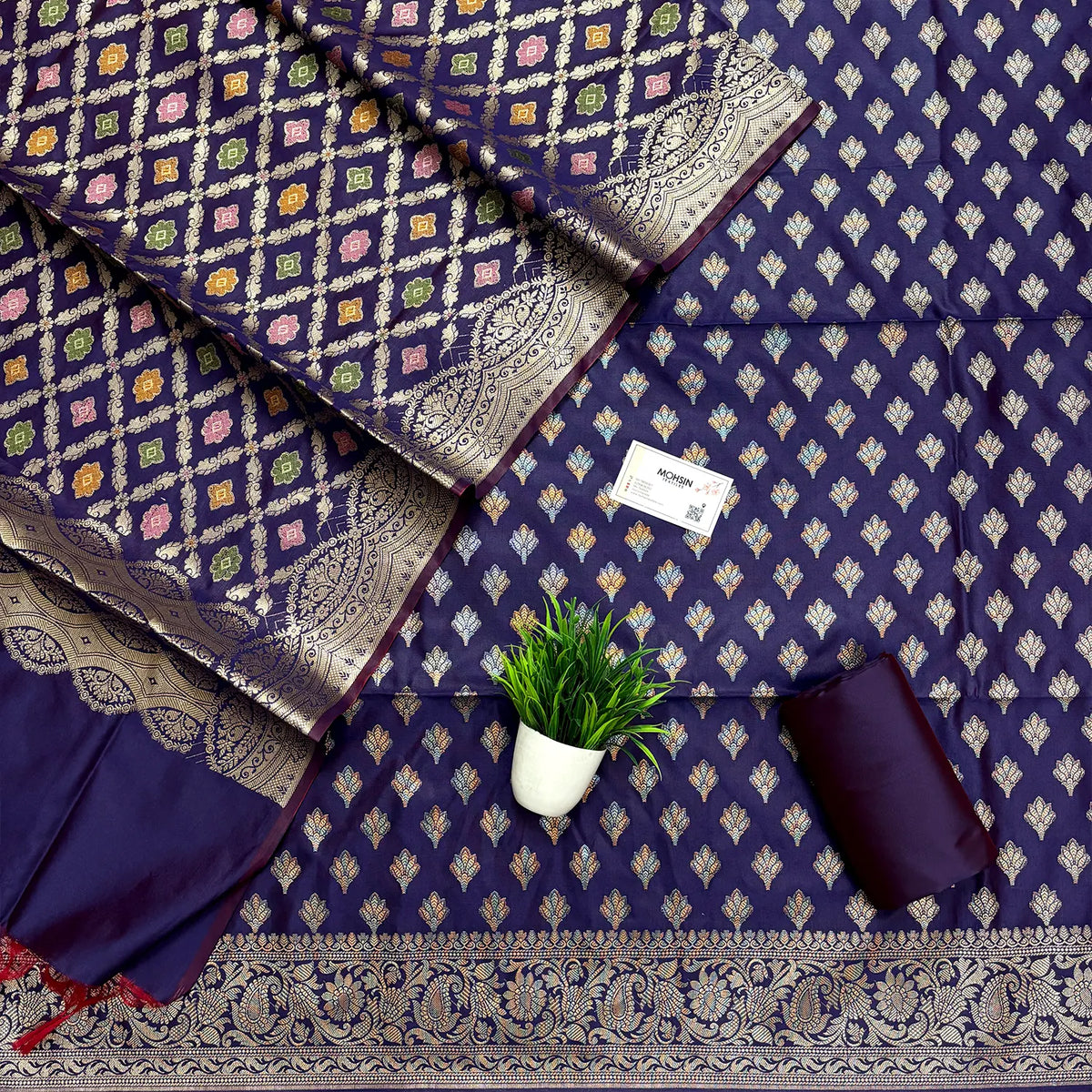 Navy Blue Golden Zari Banarasi Silk Suit