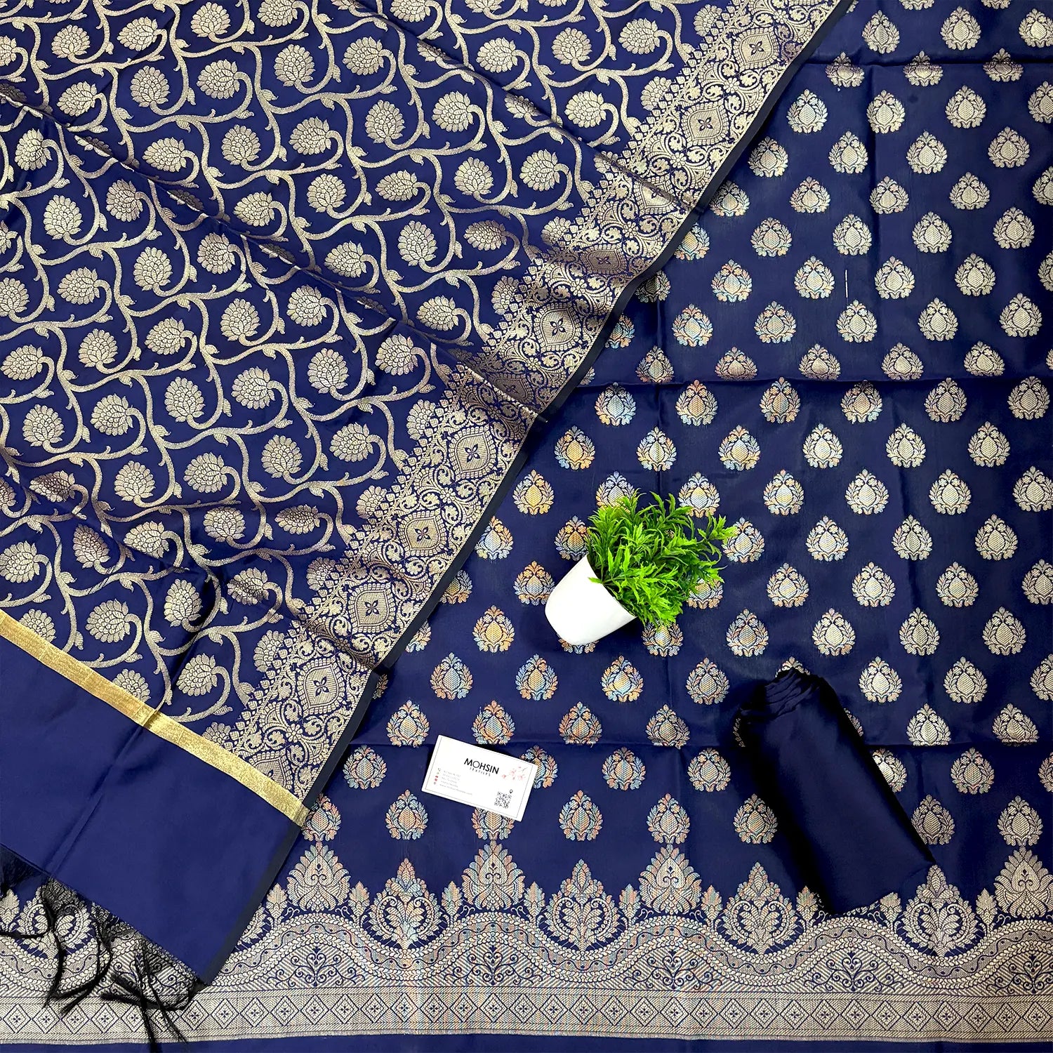 Navy Blue Golden Zari Satin Silk Banarasi Suit