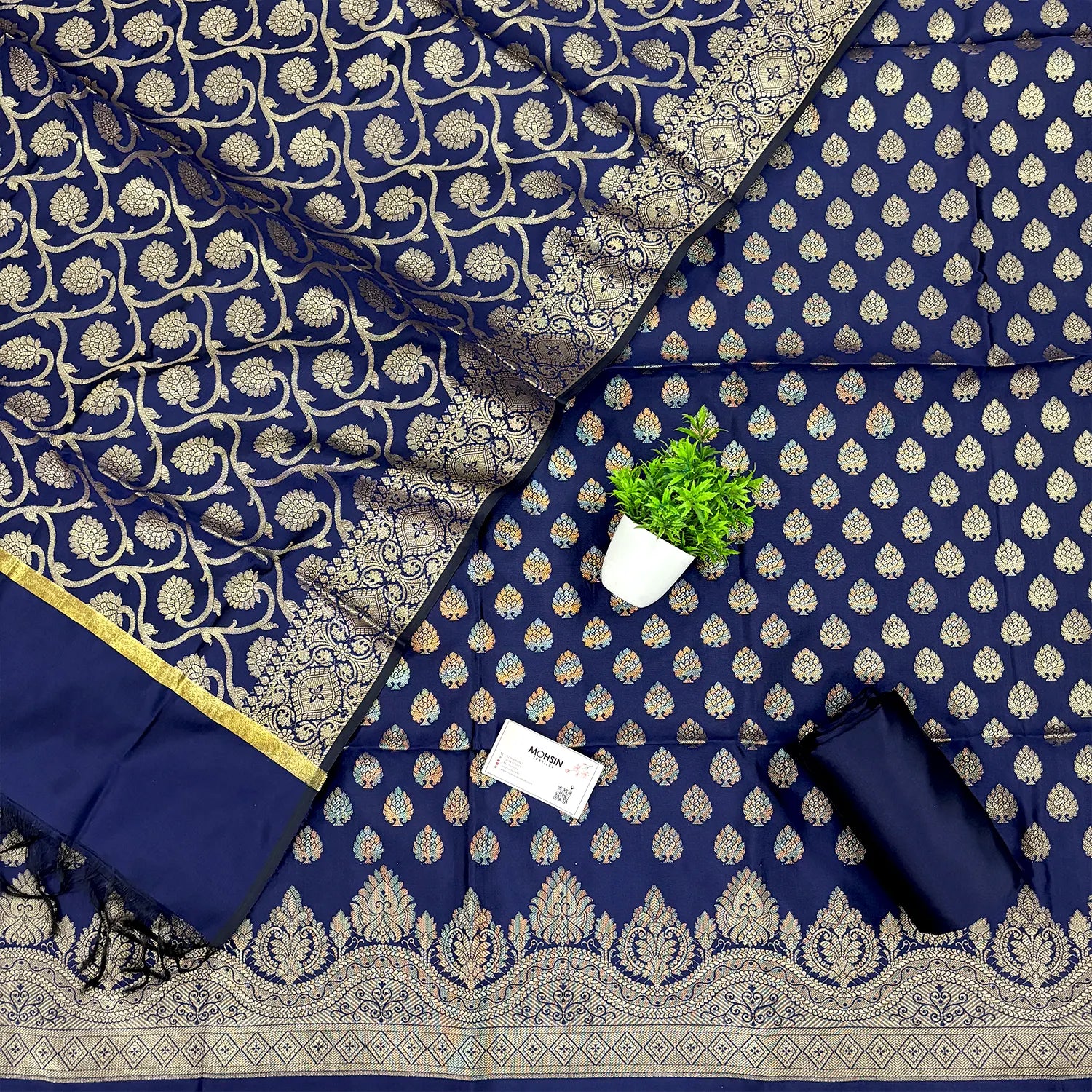 Navy Blue Golden Zari Satin Silk Banarasi Suit