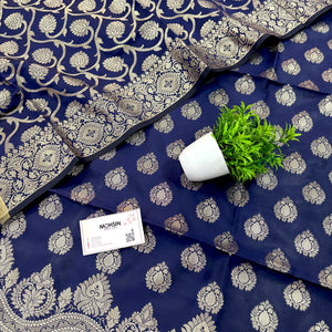 Navy Blue Golden Zari Satin Silk Banarasi Suit