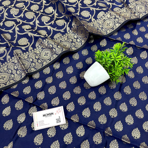 Navy Blue Golden Zari Satin Silk Banarasi Suit