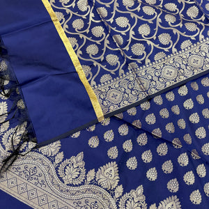 Navy Blue Golden Zari Satin Silk Banarasi Suit