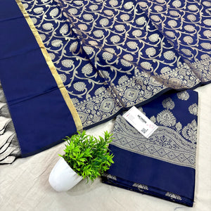 Navy Blue Golden Zari Satin Silk Banarasi Suit