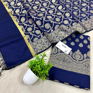 Navy Blue Golden Zari Satin Silk Banarasi Suit