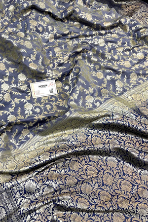 Navy Blue Gulabi Jaal Katan Silk Banarasi Saree