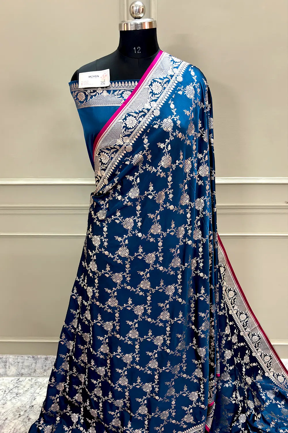 Navy Blue Jhanjaal Katan Silk Banarasi Saree