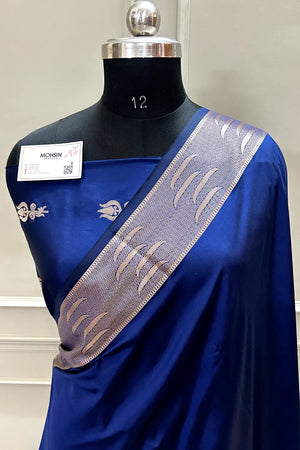Navy Blue Kalyug Plain Satin Silk Banarasi Saree