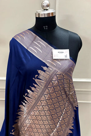 Navy Blue Kalyug Plain Satin Silk Banarasi Saree