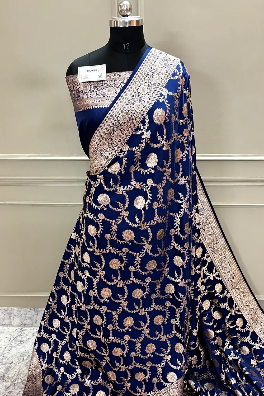 Navy Blue Laabela Jaal Katan Silk Banarasi Saree