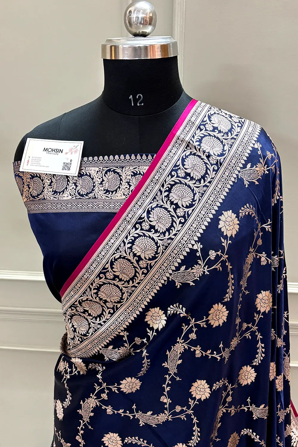 Navy Blue Makra Jaal Katan Silk Banarasi Saree
