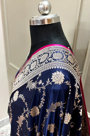 Navy Blue Makra Jaal Katan Silk Banarasi Saree