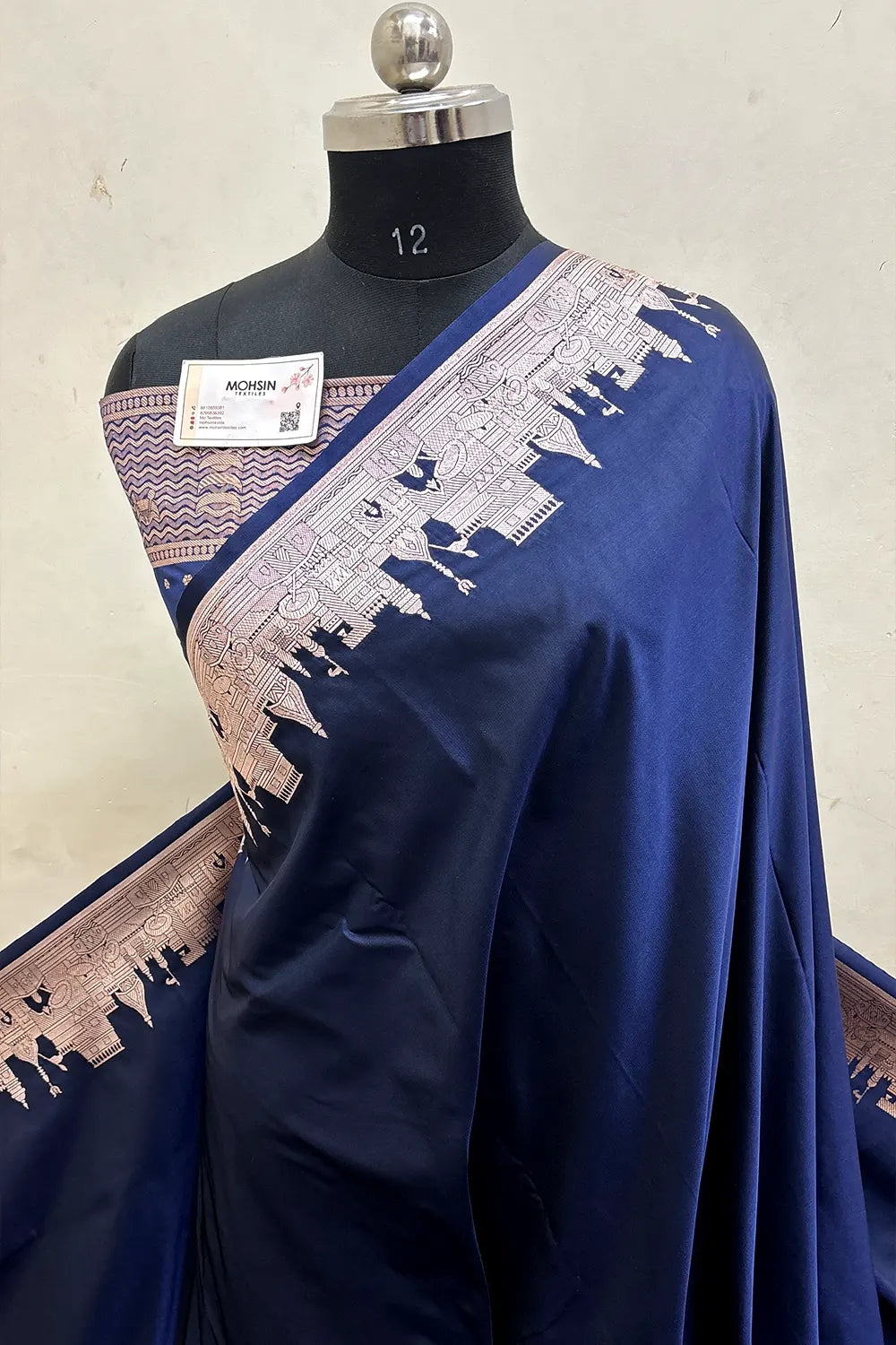 Navy Blue Plain Ghat Katan Silk Banarasi Saree