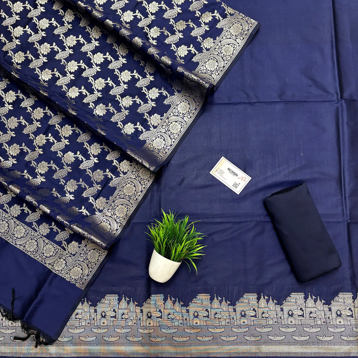 Navy Blue Plain Ghat Semi Katan Silk Banarasi Suit