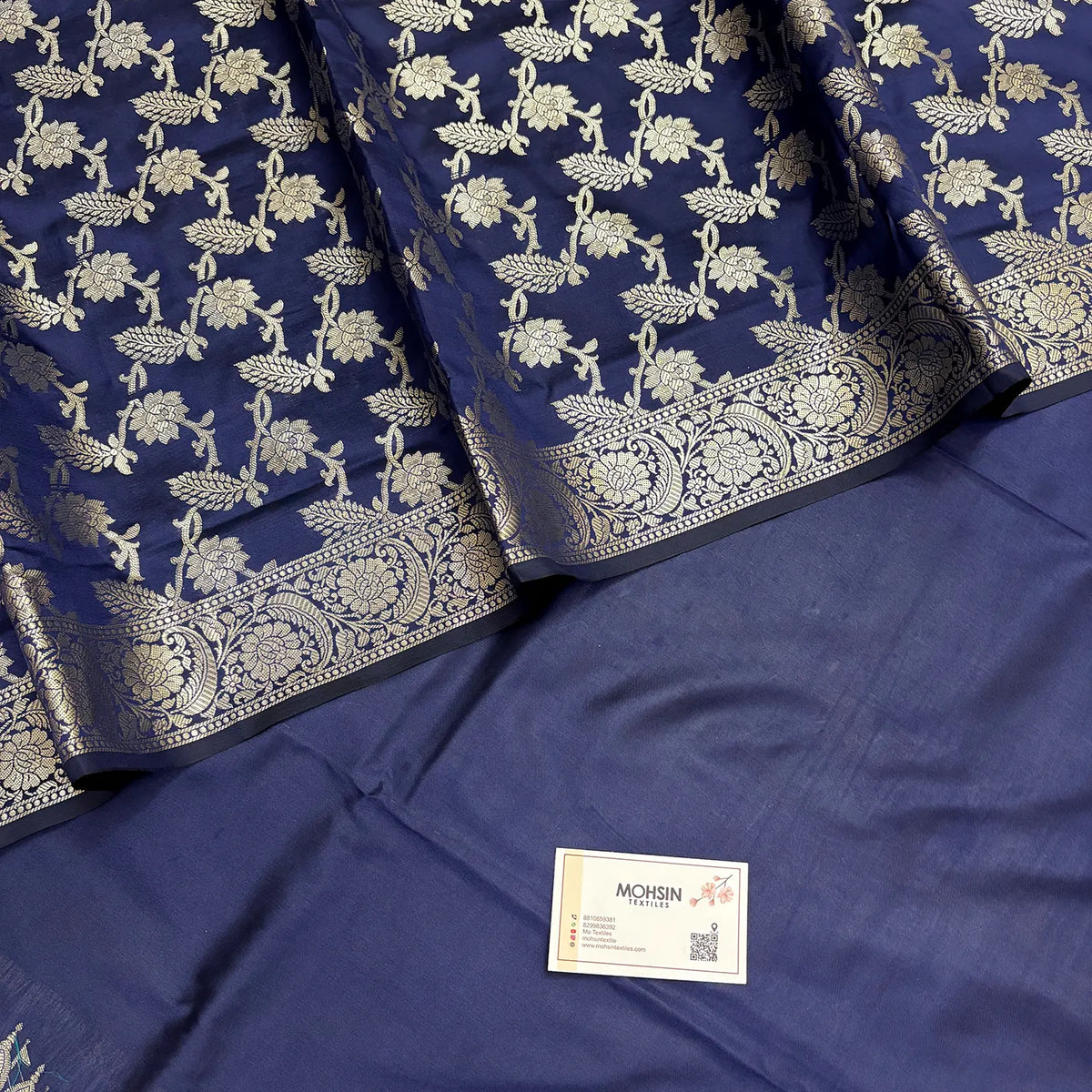 Navy Blue Plain Ghat Semi Katan Silk Banarasi Suit