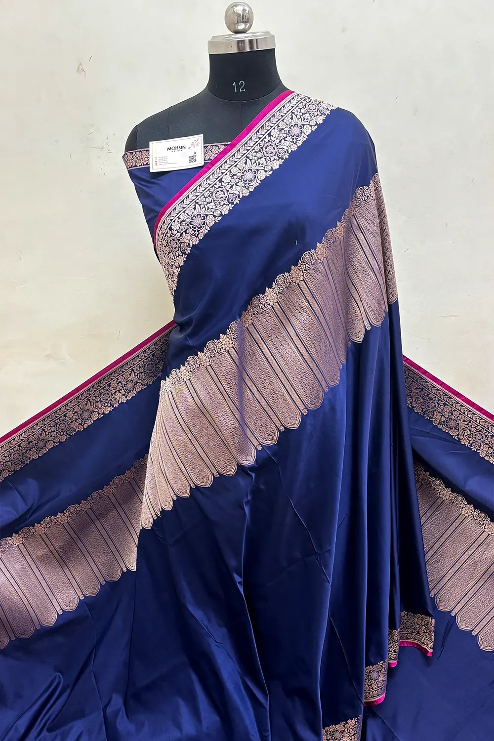 Navy Blue Plain Katan Mashru Silk Banarasi Saree