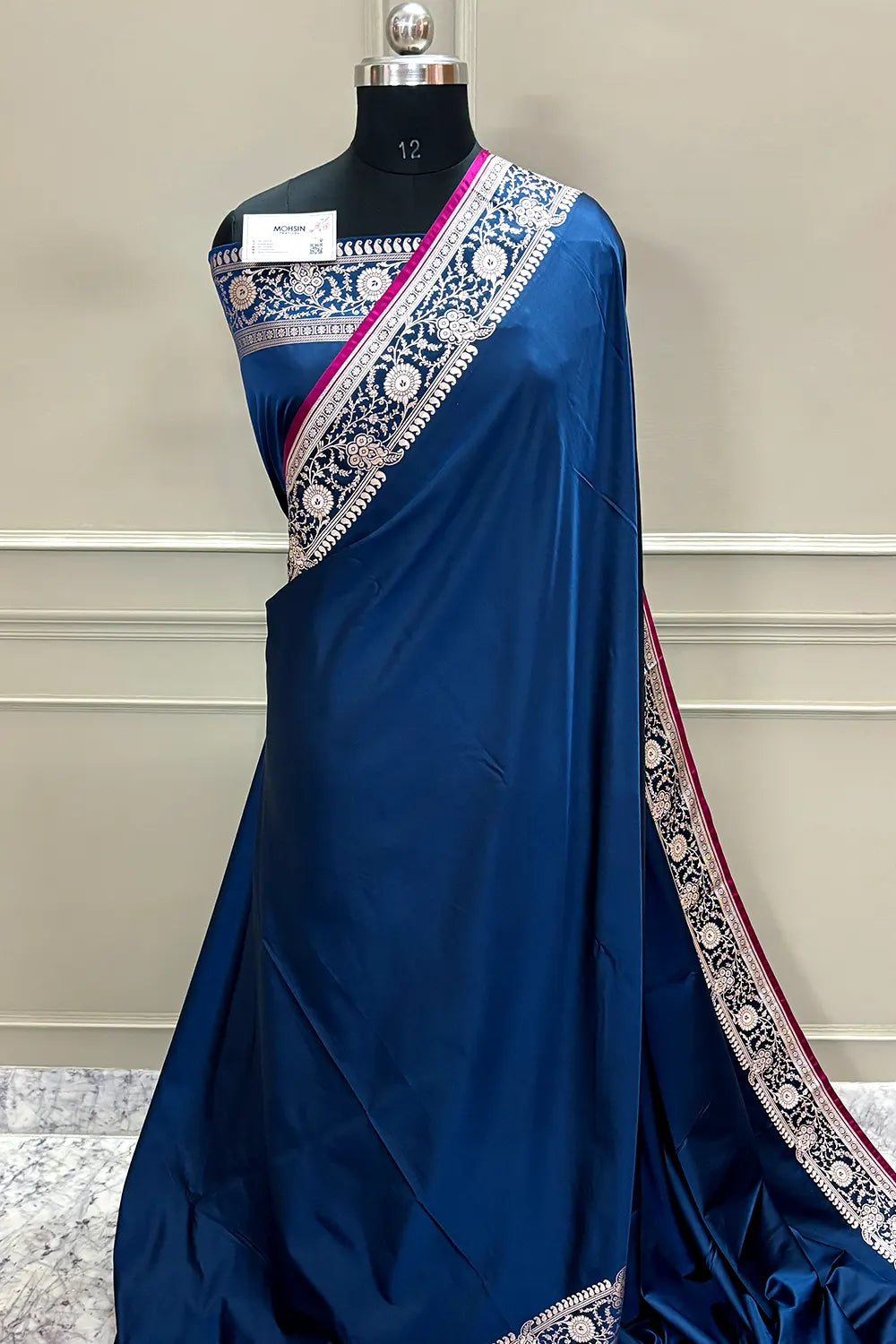 Navy Blue Plain Katan Silk Banarasi Saree