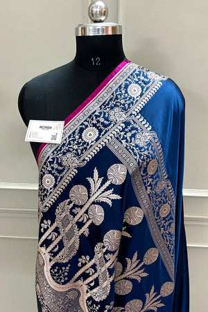 Navy Blue Plain Katan Silk Banarasi Saree