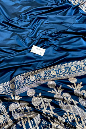 Navy Blue Plain Katan Silk Banarasi Saree