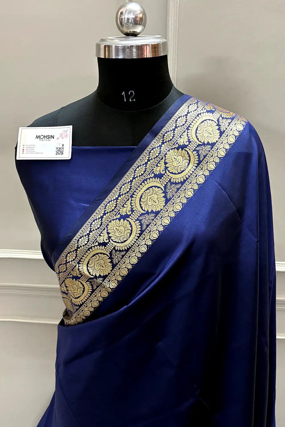 Navy Blue Plain Semi Katan Silk Banarasi Saree