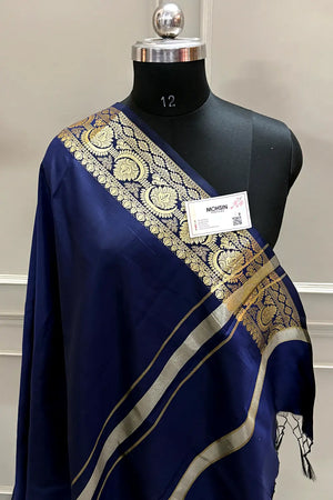 Navy Blue Plain Semi Katan Silk Banarasi Saree