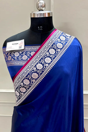 Navy Blue Plain Zari Border Katan Silk Banarasi Saree