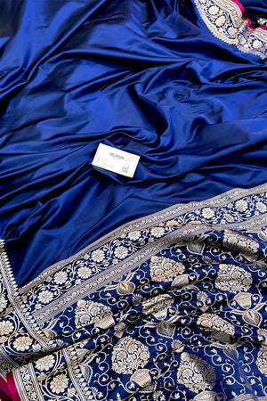 Navy Blue Plain Zari Border Katan Silk Banarasi Saree