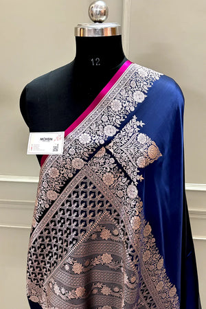 Navy Blue Plain Zari Border Katan Silk Banarasi Saree