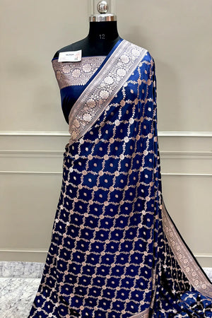 Navy Blue Qaidi Buti Katan Silk Banarasi Saree