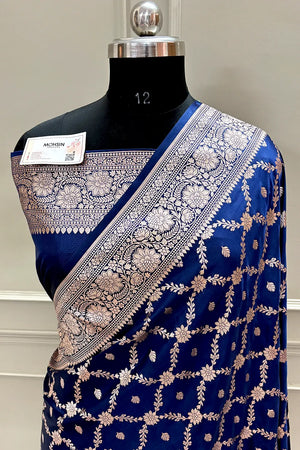 Navy Blue Qaidi Buti Katan Silk Banarasi Saree