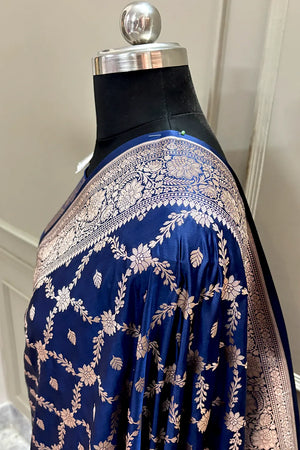 Navy Blue Qaidi Buti Katan Silk Banarasi Saree