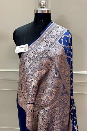 Navy Blue Qaidi Buti Katan Silk Banarasi Saree