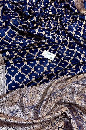 Navy Blue Qaidi Buti Katan Silk Banarasi Saree