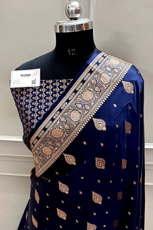 Navy Blue Queen Buti Katan Silk Banarasi Saree