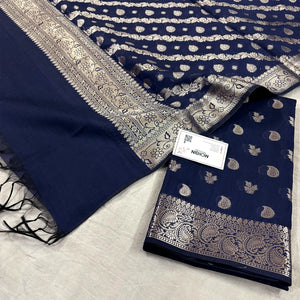 Navy Blue Resham Banarasi Silk Suit