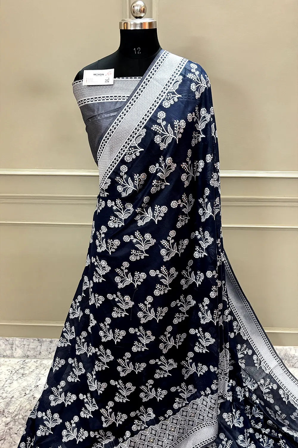 Navy Blue Resham Cotton Silk Banarasi Saree
