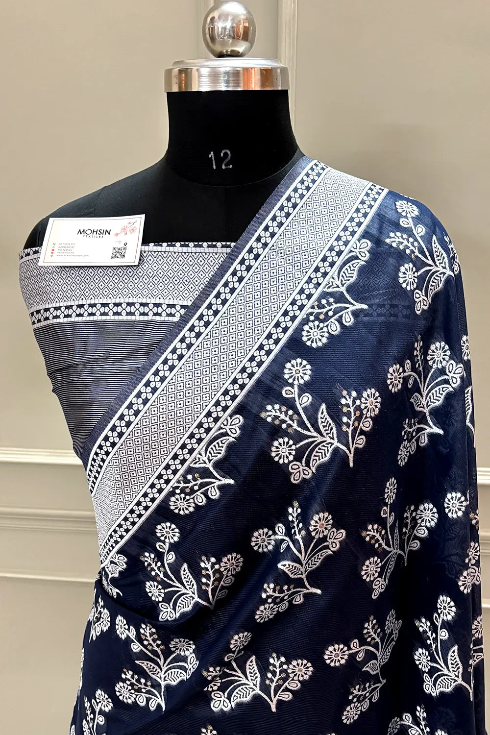 Navy Blue Resham Cotton Silk Banarasi Saree