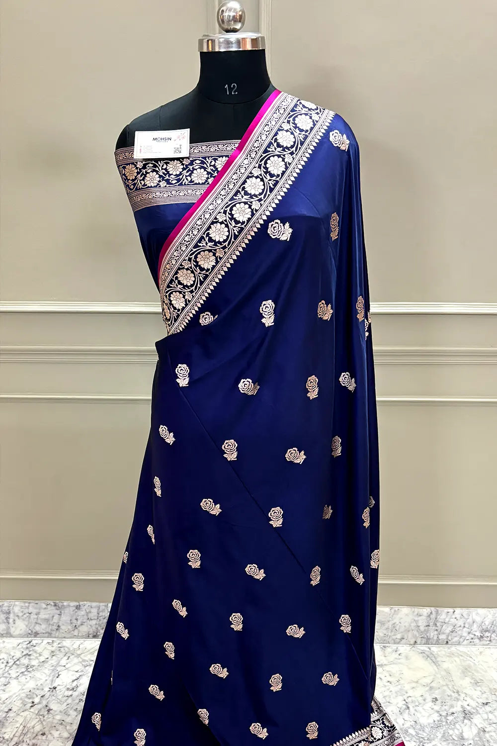 Navy Blue Rose Buti Katan Silk Banarasi Saree