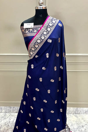 Navy Blue Rose Buti Katan Silk Banarasi Saree