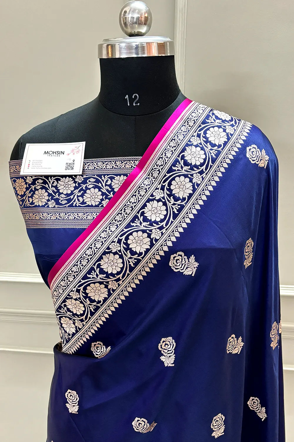 Navy Blue Rose Buti Katan Silk Banarasi Saree