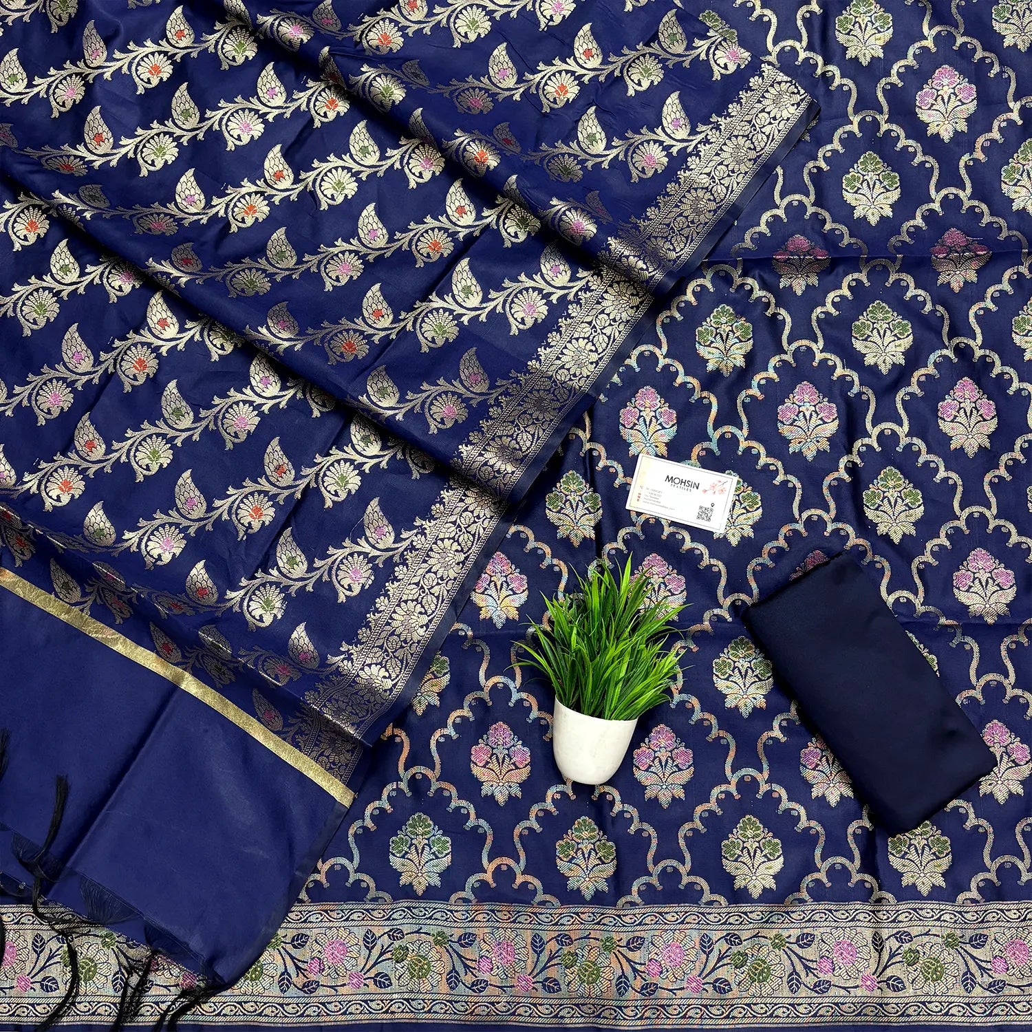 Navy Blue Semi Katan Silk Banarasi Silk Suit