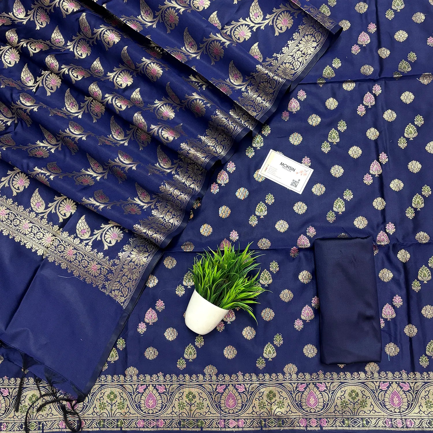 Navy Blue Semi Katan Silk Banarasi Suit
