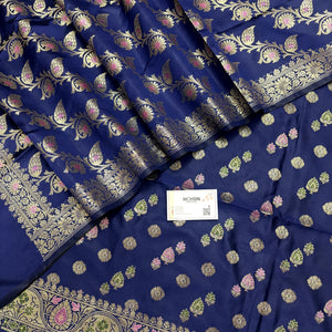 Navy Blue Semi Katan Silk Banarasi Suit