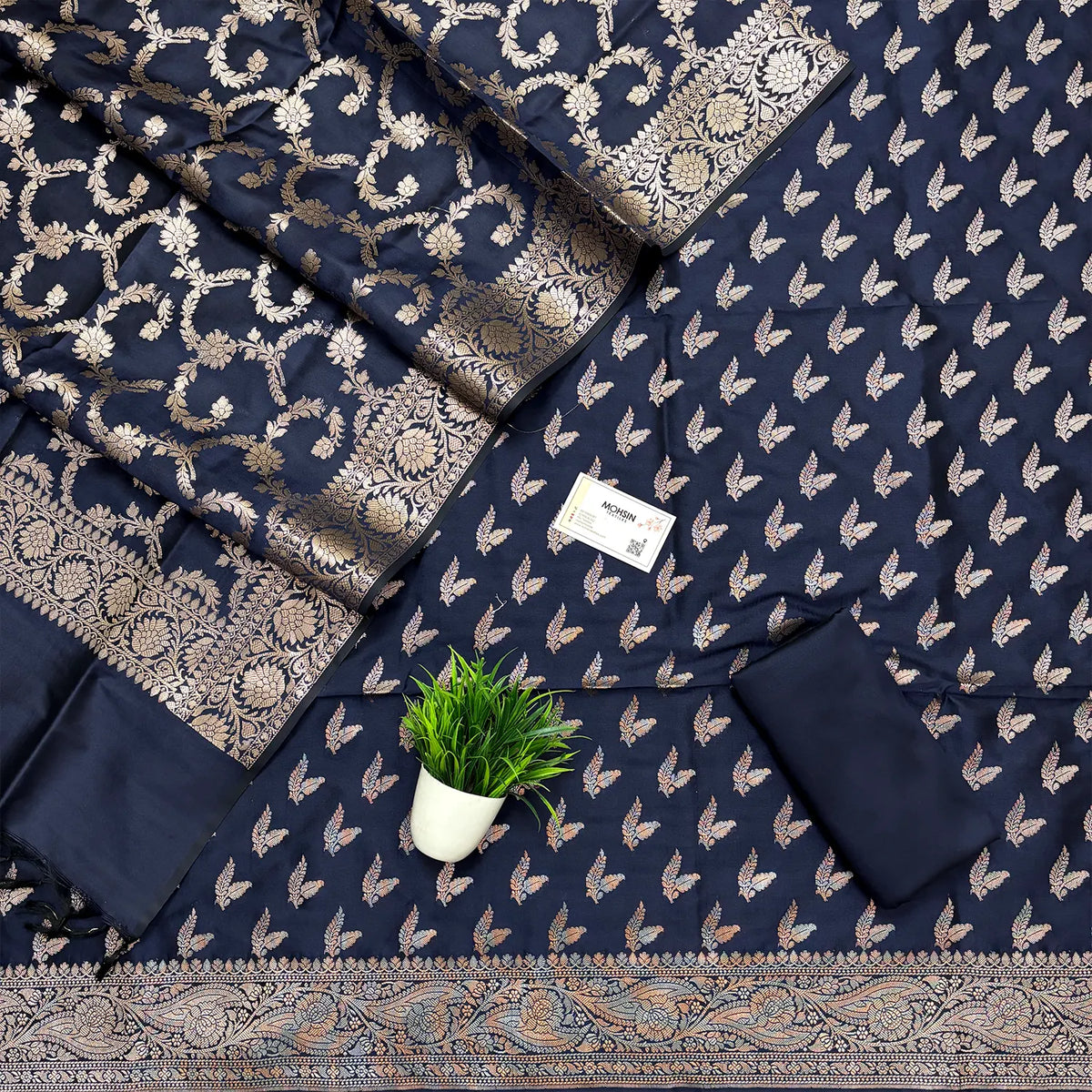 Navy Blue Semi Katan Silk Banarasi Suit