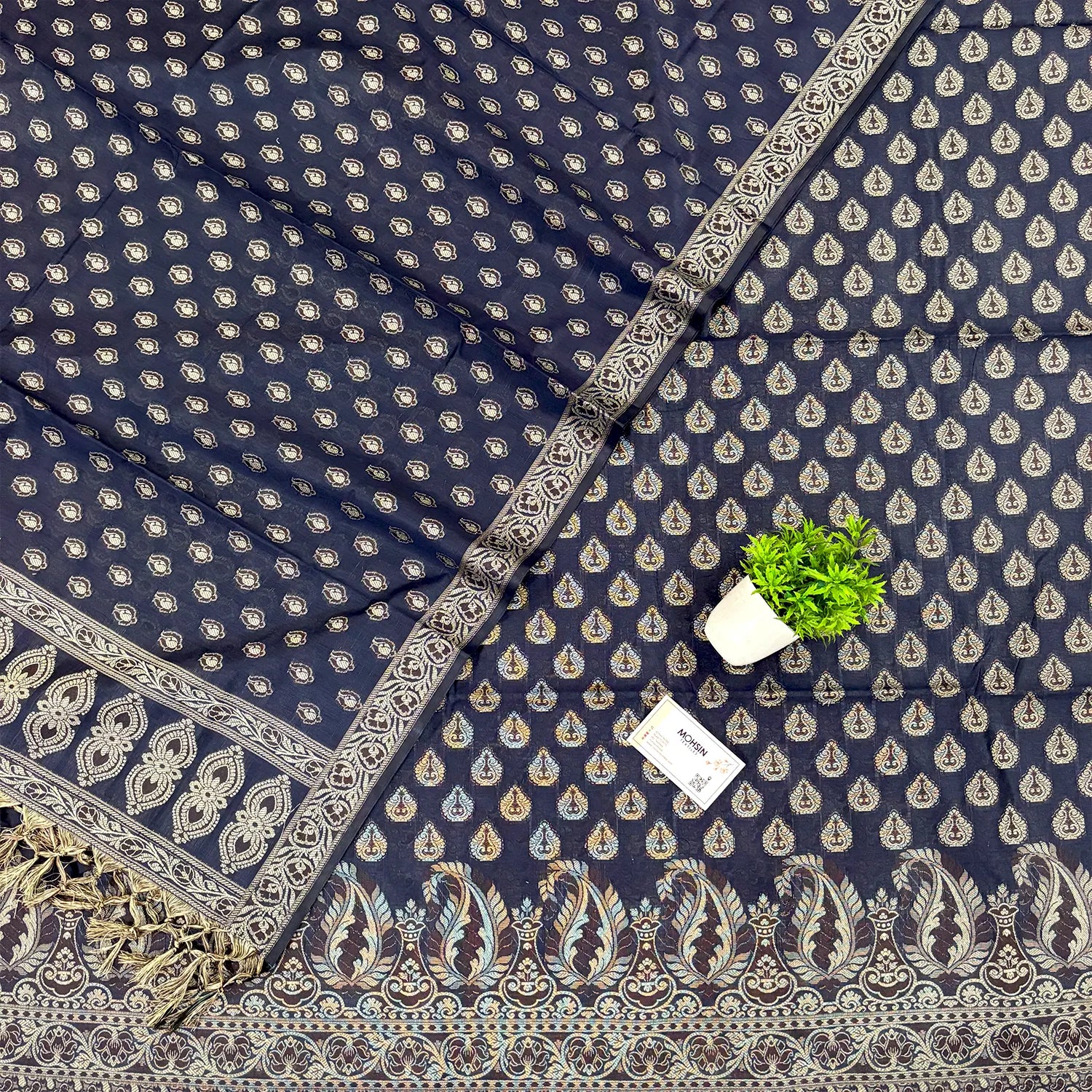 Navy Blue Surahi Buti Cotton Silk Banarasi Suit