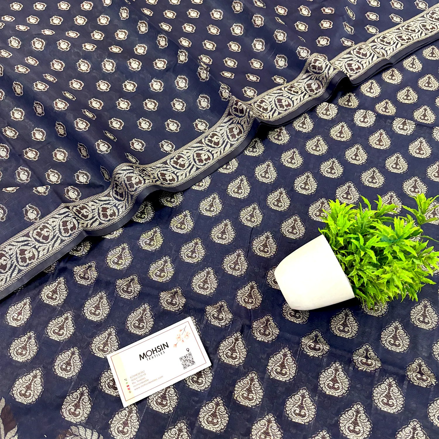Navy Blue Surahi Buti Cotton Silk Banarasi Suit