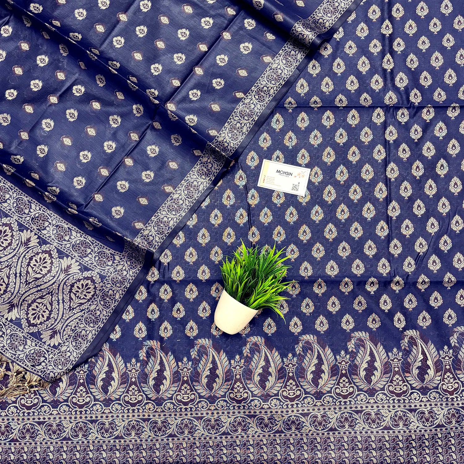 Navy Blue Surahi Paan Cotton Silk Banarasi Suit