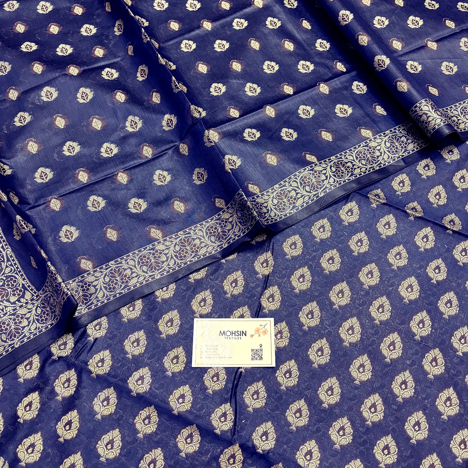 Navy Blue Surahi Paan Cotton Silk Banarasi Suit